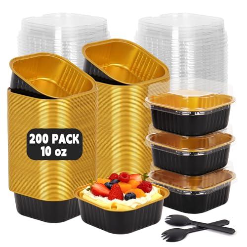DeziWood 200 Pack 10 oz Black Gold Mini Aluminum Cake Pans with Lids and Spoons, Disposable Square Baking Cups, Oven Safe Foil Ramekins for Individual Desserts, Cupcakes, Cheesecakes Ramekins Muffin