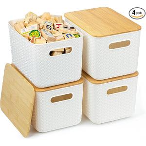 Ohmlove 4 Packs Storage Bins with Bamboo Lids  Plastic Storage Containers with Lids Stackable Storage Box：Storages Baskets for Organizing Desktop Closet Playroom Classroom Office,White