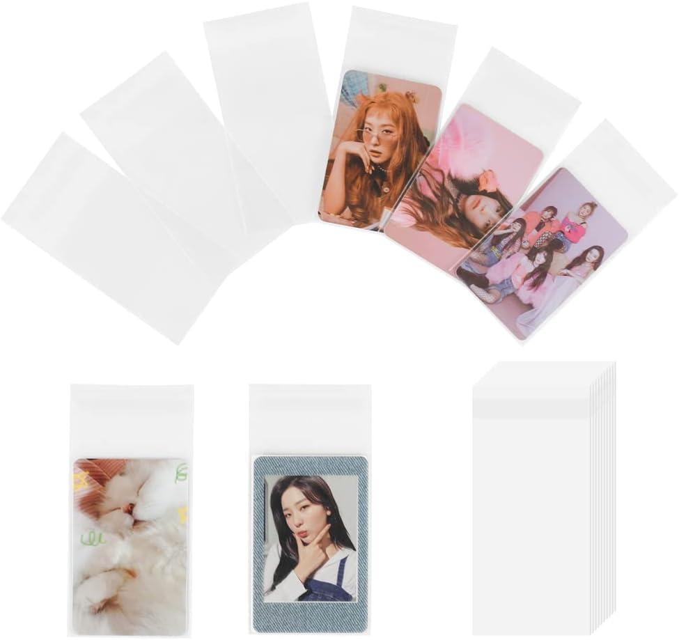 Baskiss 100 Packs Photocard Sleeves, 59 x 90 mm 200 Microns Kpop Clear Sleeves Idol Photo Cards Transparent Protector Trading Cards Shield Cover (Sealable)