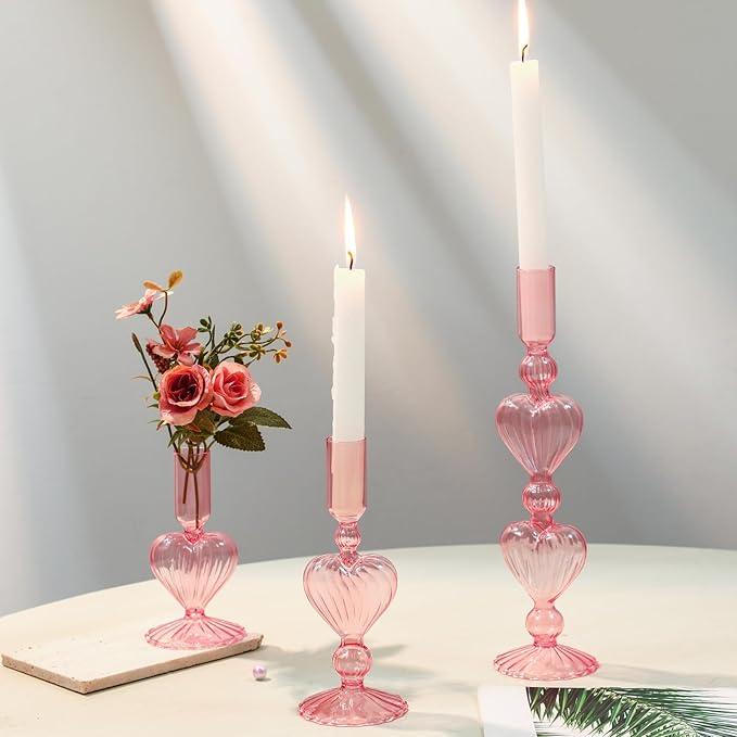 Mumufy 3 Pcs Valentine's Day Glass Candlestick Holders Heart Glass Taper Candle Holder Valentines Heart Candle Stick Vase Decor for Galentine's Day Wedding Festival Party Table Centerpiece(Pink)