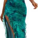 DRESSTELLS Women's Cocktail Party Formal Wedding Guest Mesh Ruched One Shoulder Bodycon Long Slit Evening Dress (Ink Floral, Small)