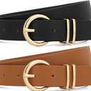XZQTIVE 2 Pack Women Belts For Jeans Dresses Pants Ladies Leather Waist Belt with Gold Buckle (Fit Pant 48-52in, Round Buckle Black+brown+beige)