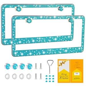 FIISFIIS Bling License Plate Frame for Women, 2 Pack Premium Stainless Steel Rhinestone Car License Plate Holder, Handmade Glitter Crystal Diamond Lincense Plate Cover, Bedazzled Sparkly Caps-Aquamarine