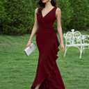 Women's Elegant Sleeveless V Neck Bodycon Ruched Split Wrap Wedding Evening Formal Long Dress (Red, M)