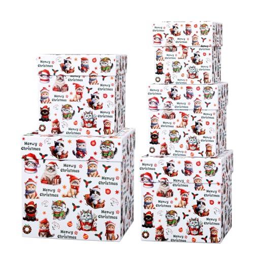 Roowest 3 Packs Christmas Nesting Gift Boxes with Lids Cat Merry Christmas Gift Boxes Stackable Paper Nested Decorative Containers for Cat Lovers Xmas Holiday Pet Party Favors