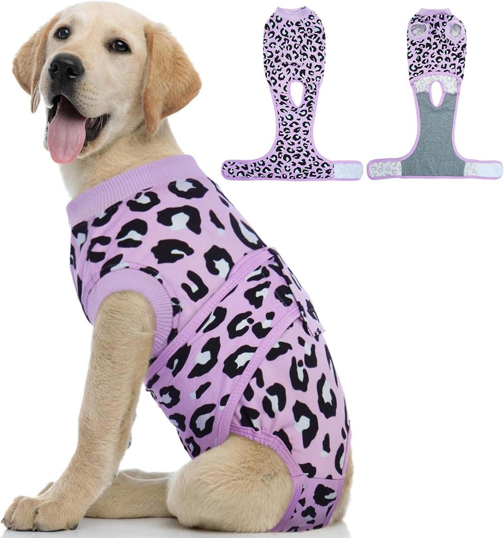 Kuoser Dog Recovery Suit for Dogs After Surgery, Professional Surgical Onesie for Female Male Dogs Spay Neuter, Soft Dog Surgery Suit Bodysuit for Abdominal Wounds Skin Disease, Purple Leopard M (Medium (Back: 13.4" - 16.1"; Weight: 14 - 25LB)