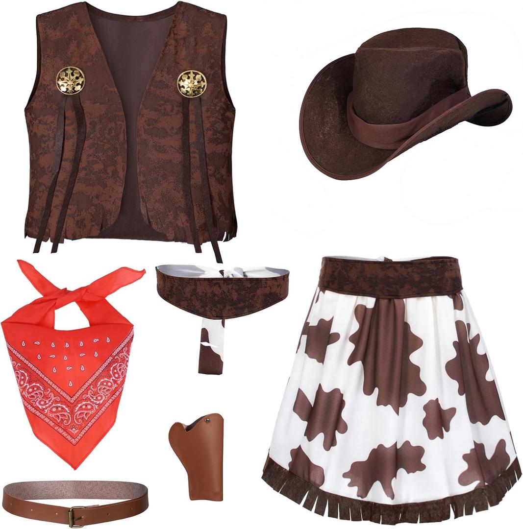 Cowgirl Costume for Girls 6pcs Set Kids Dress Up Birthday Halloween Party Cosplay 3-13 Years