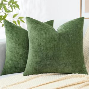 decorUhome Couch Throw Pillow Covers 18x18 Set of 2, Decorative Soft Chenille Solid Dyed Spring Pillow Covers for Sofa Bed Living Room, Moss Green (18" x 18" (Pack of 2))