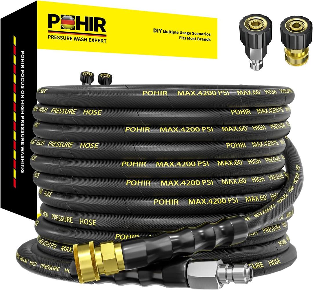 POHIR Power Washer Hose 25FT x 1/4 Inch with 3/8" Quick Connector, High Tensile Wire Braided Heavy Duty Kink Resistant High Pressure Hose 4200PSI, 2 Pcs M22 to 3/8 Adapters Set Accessories