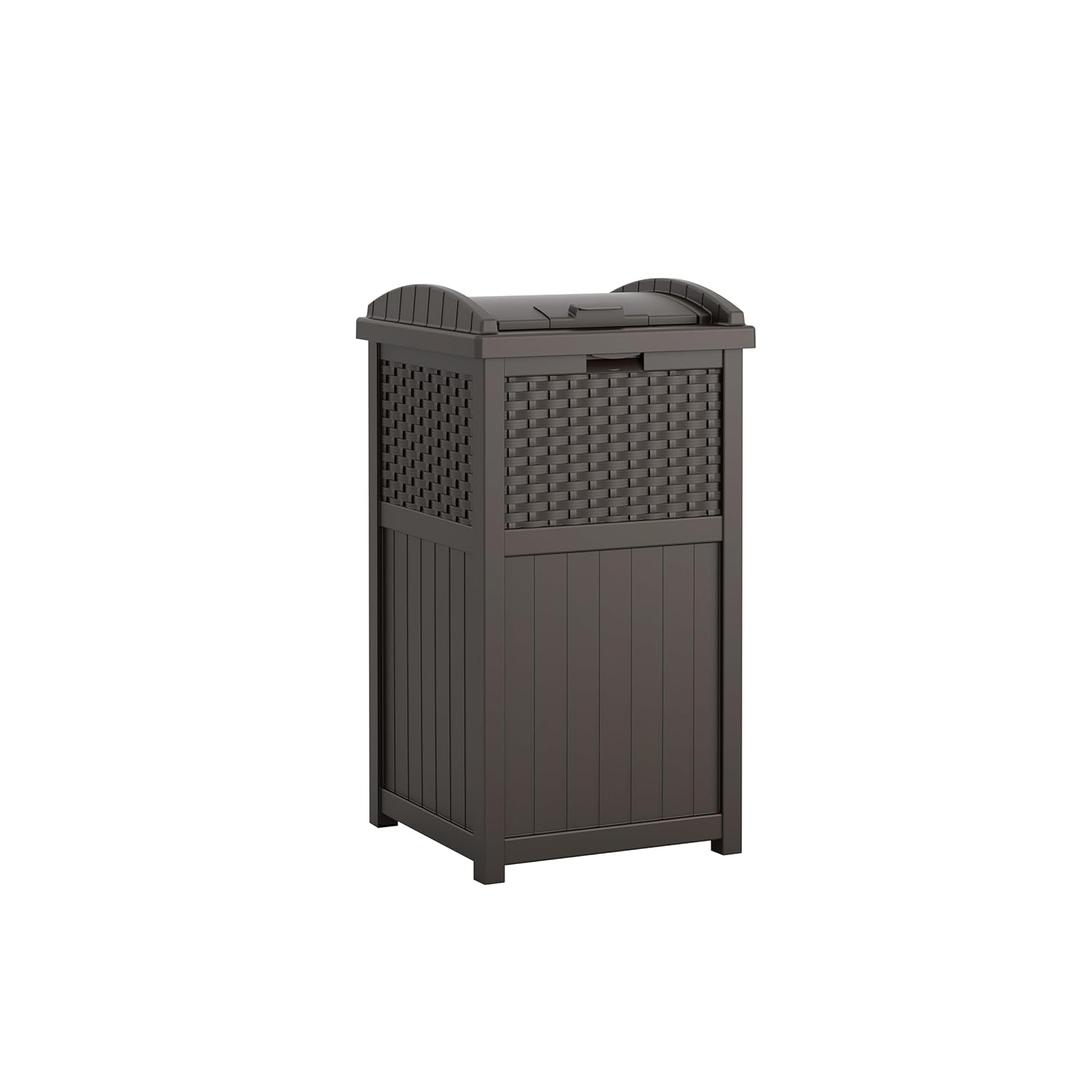 Suncast 33 Gallon Commercial Outdoor Trashcan Hideaway with Lid for 30 to 33 Gallon Bags for Garage, Backyard, or Garden, Brown