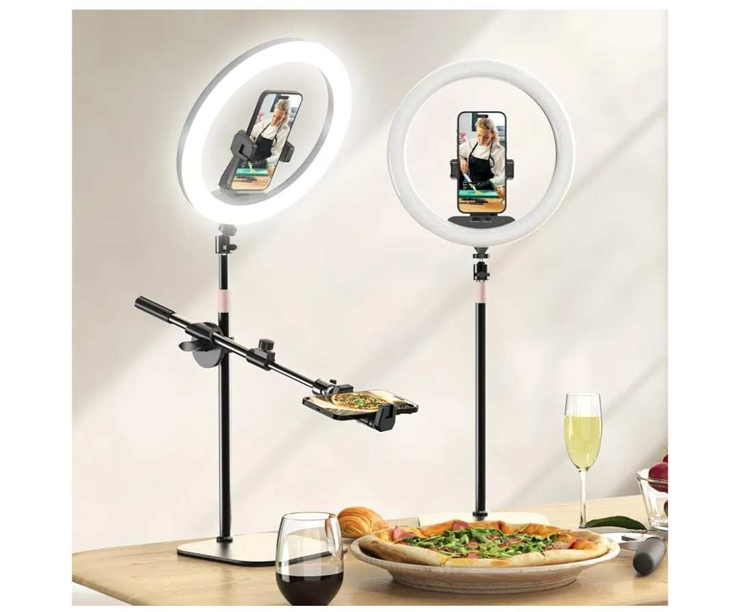 Overhead Phone Mount with Ring Light Phone Holder,10" LED Ring Light for Desk with Stand and Remote for iPhone,Phone Tripod with Light for Video Recording TikTok Live Stream Cooking Kitchen Vlogging