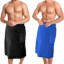 Tudomro 2 Pcs Men's Bath Wrap Towel Large Shower Adjustable Terry Body Spa Towel with Pocket After Shower Wrap for Men Gift Spa College Bath Dorm Room Gym(Black, Bright Blue)