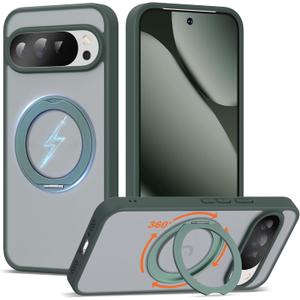Compatible with Google Pixel 9 Pro XL/Pixel 10 Pro XL Case with 360 Magnetic Ring Stand [Compatible with Mag-Safe] Shockproof Translucent Phone Case 6.8" for Women Men, Green