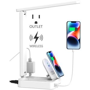 Drevet LED Desk Lamp with Wireless Charger, Desk Table Light with USB Charging Port and 2 Outlets, 3 Lighting Modes, 3 Level Brightness, 1H Timer, Touch Control, Eye-Caring Home Office Lamp, White