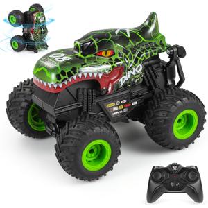 DYODYORC Remote Control Car, 2.4Ghz All Terrain Dinosaur Monster Truck Toys, RC Truck with Music, 3 Lighting Effects, 360 Stunt Capable, 2 Batteries Ready to Run, Toy Gifts for Boys and Girls (Green)
