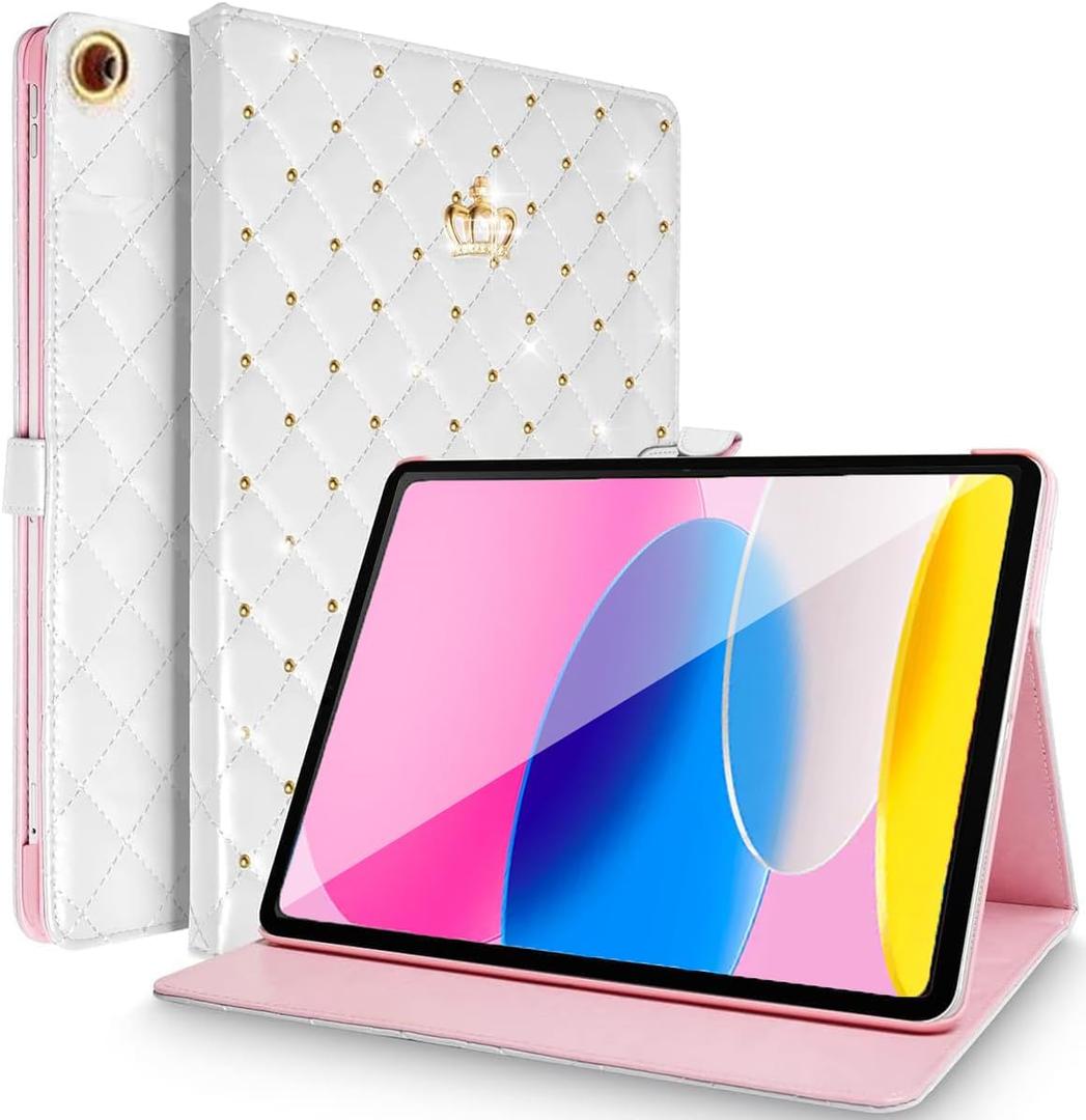 Changjia for iPad 9.7 Inch 6th/5th Generation 2018/2017 Case,iPad air 2/iPad Air,Crown Bling Diamond Cute PU Leather Smart Auto Sleep/Wake Folio Stand Shockproof Cover for Apple iPad 9.7 Inch (White)