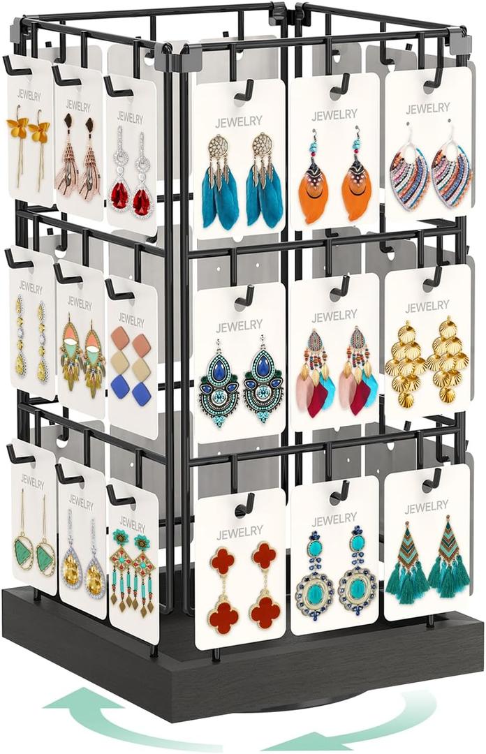 EsLuker.ly Rotating Earring Display Holder Stand for Vendors Events Selling, Large Capacity 36 Hooks Jewelry Rack with Wooden Base for Earring Card Sales, Enhances Retail Visibility(Black)