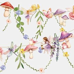 Fairy Mushroom Banner Wildflower Party Decorations Paper Flower Leaves Banner Fairy Garland for Wall Decoration Spring Baby Shower Wedding Backdrop Decorations