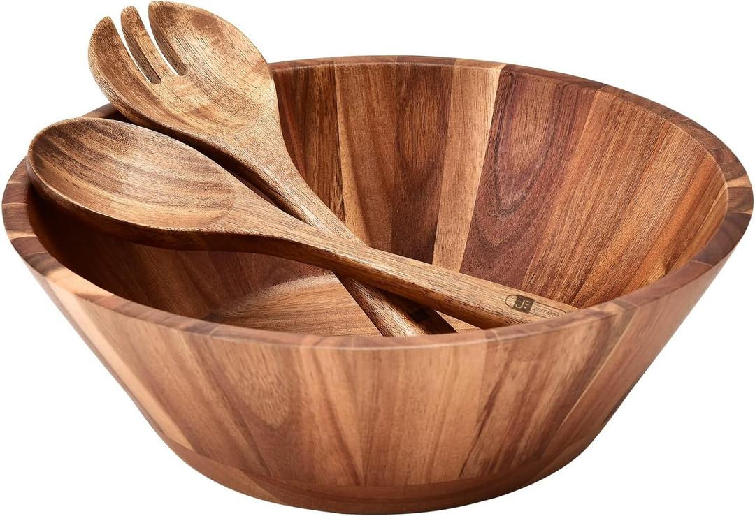 Wooden Salad Bowl, 12'' Acacia Wood Large Salad Bowl Set Big Salad Serving Bowl with Serving Utensils (Set of 3)