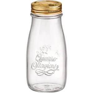 Bormioli Rocco Quattro Stagioni, Glass Canning Jar and Drinking Bottle, 13.5 Oz. with Gold Metal Airtight Lid, Made in Italy
