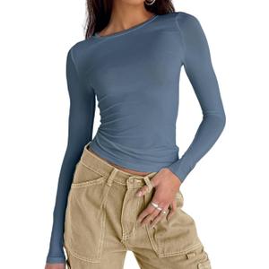 Abardsion Women's Casual Basic Going Out Crop Tops Slim Fit Short Sleeve Crew Neck Tight T Shirts (2# Haze Blue)