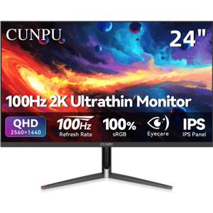 CUNPU 24 Inch 1440P Monitor,QHD 100Hz IPS Monitor, 99% sRGB Color Gamut,16.7 Million Color, Adaptive Sync, Slim Frame, HDMI/DP, VESA Mountable, for Gaming and Office