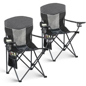 Outdoor Camping Chair 2-Pack with Mesh Back, Folding Portable Lawn Chairs with Cup Holder & Side Storage Pocket for Camping, Beach, Picnic, Fishing(Black)