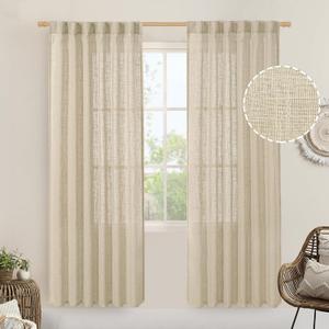 LAMIT Light Filtering Linen Curtains 80 inches Long for Bedroom, Faux Linen Textured Semi Sheer Back Tab and Rod Pocket Burlap Boho Modern Drapes for Living Room/Farmhouse, 2 Panels, 52 x 80 Inch