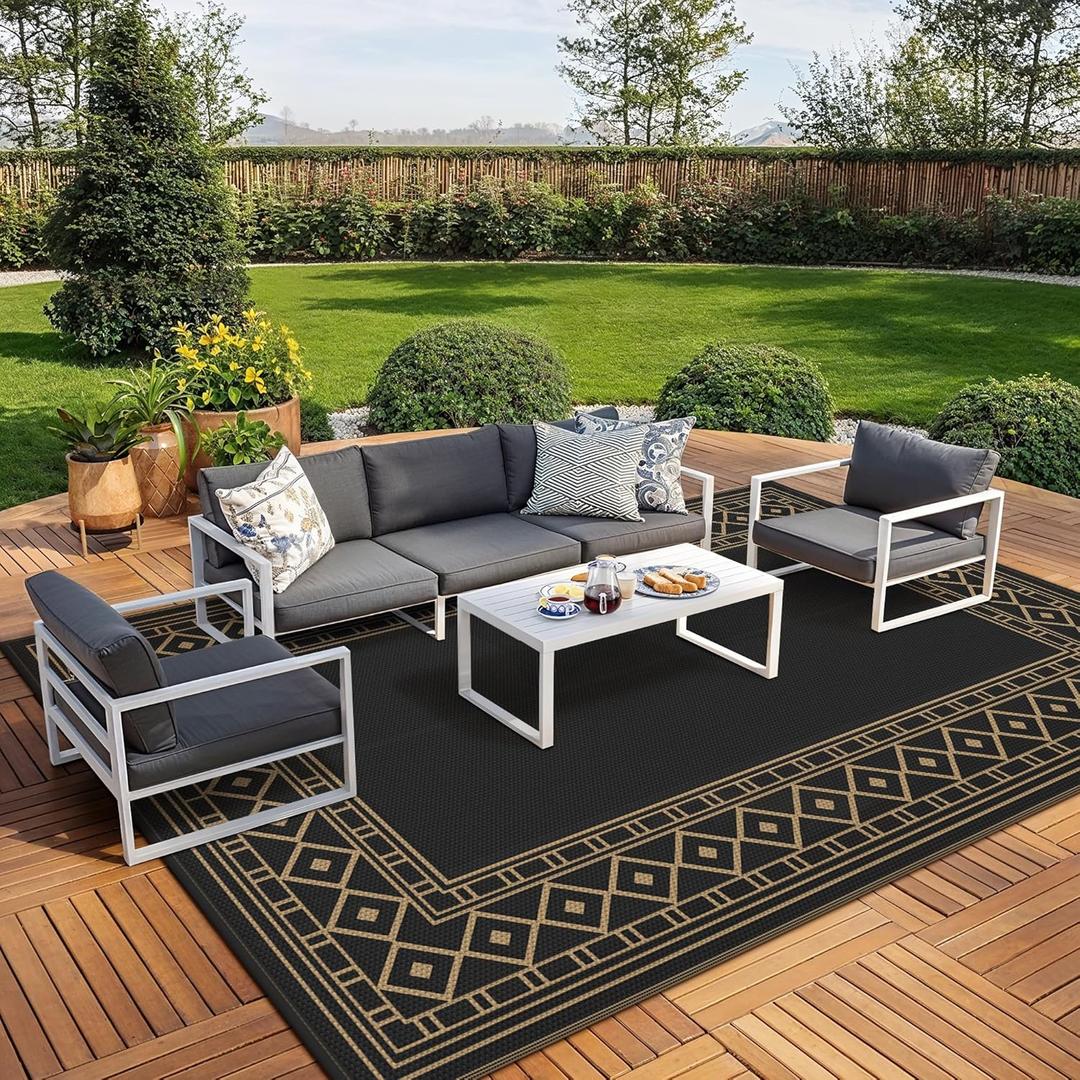 GENIMO Outdoor Rug Waterproof 10'x14' for Patio, Foldable Reversible Plastic Straw Carpet for Travel Trailers, Outside Area Mat for Rv, Deck, Picnic, Porch, Camper, Balcony, Beach, Black & Brown