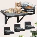 Cat Hammock Wall Shelves with 3 Steps, Cat Scratching Post Hammock and Perches with 2 Food Bowls, Wood Bed Furniture, Cat Scratching Post Shelf