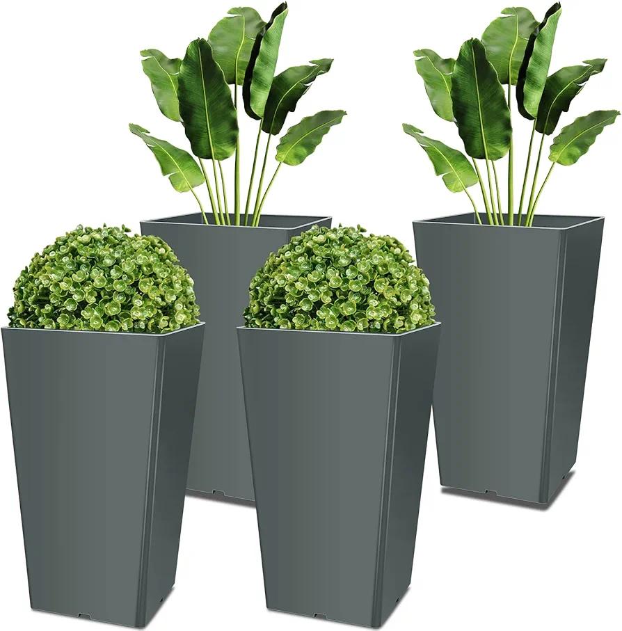 Yungyan Set of 4 Tall Outdoor Planters 20 Inches Tall Front Porch Planters Heavy Duty Flower Pot No Baskets Self Watering for Outdoor & Indoor (Grey)