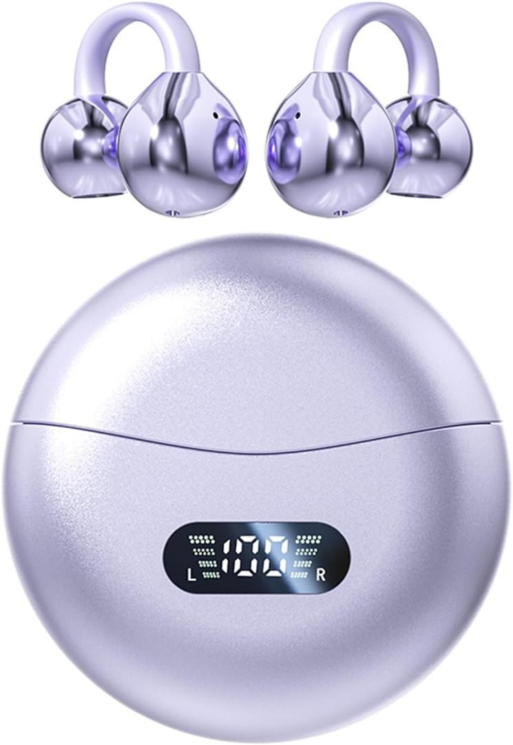 Clip-on Earbuds, Open Ear Earbuds Wireless Bluetooth 5.4, Lightweight Open Ear Headphones with C-Shaped Bridge, Slim Hook, 60H Battery, Waterproof, for Glasses Wearers and Workouts (Purple)