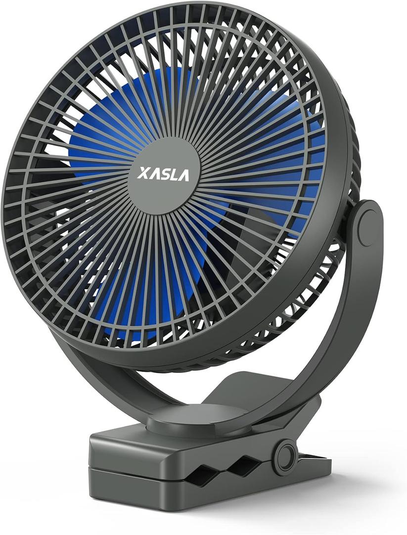 xasla 10000mAh Portable Rechargeable Clip on Fan, 8-inch Battery Operated, 4 Speeds, 24 Hours Work Time for Outdoor, Camping, Golf Cart, Home & Office Use (Blue)