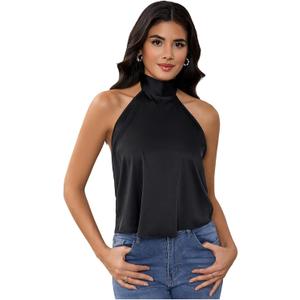 MakeMeChic Women's Satin Silk Backless Halter Tops High Neck Sleeveless Camisole Summer Classy Going Out Top (Black, S)