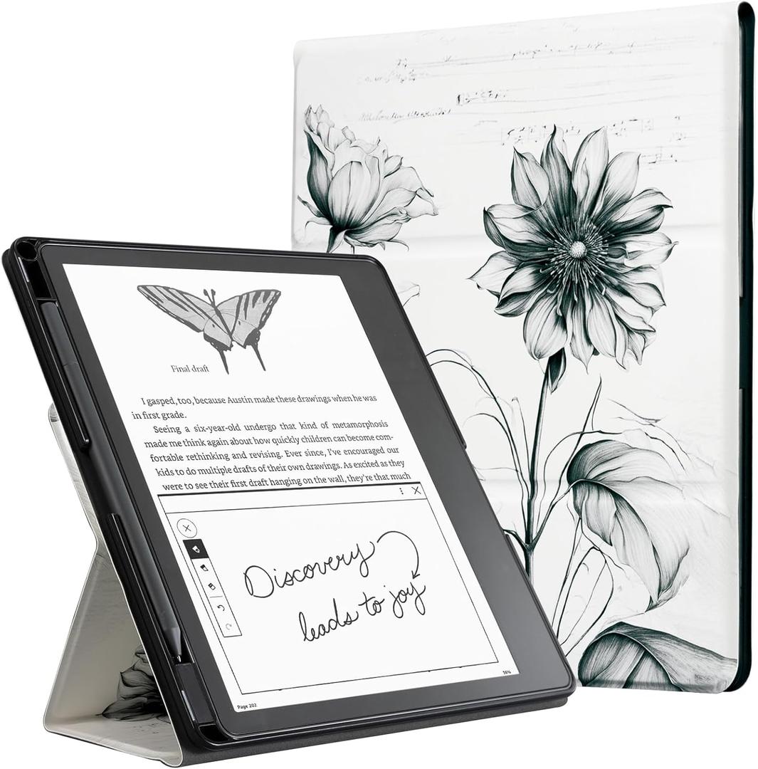 CoBak Stand Case for Kindle Scribe - Premium Folio Leather Cover with Pen Holder, Auto Sleep/Wake - Compatible with 10.2 Inch Kindle Scribe (2022/2024 Release) (Sketch Sunflower)