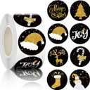 500PCS Christmas Stickers Labels Kalolary 8 Patterns Adhesive Round Christmas Tags Black Golden Xmas Decorative Envelope Seals Sticker for Craft Scrapbooking Party Christmas Decoration (1 Roll)