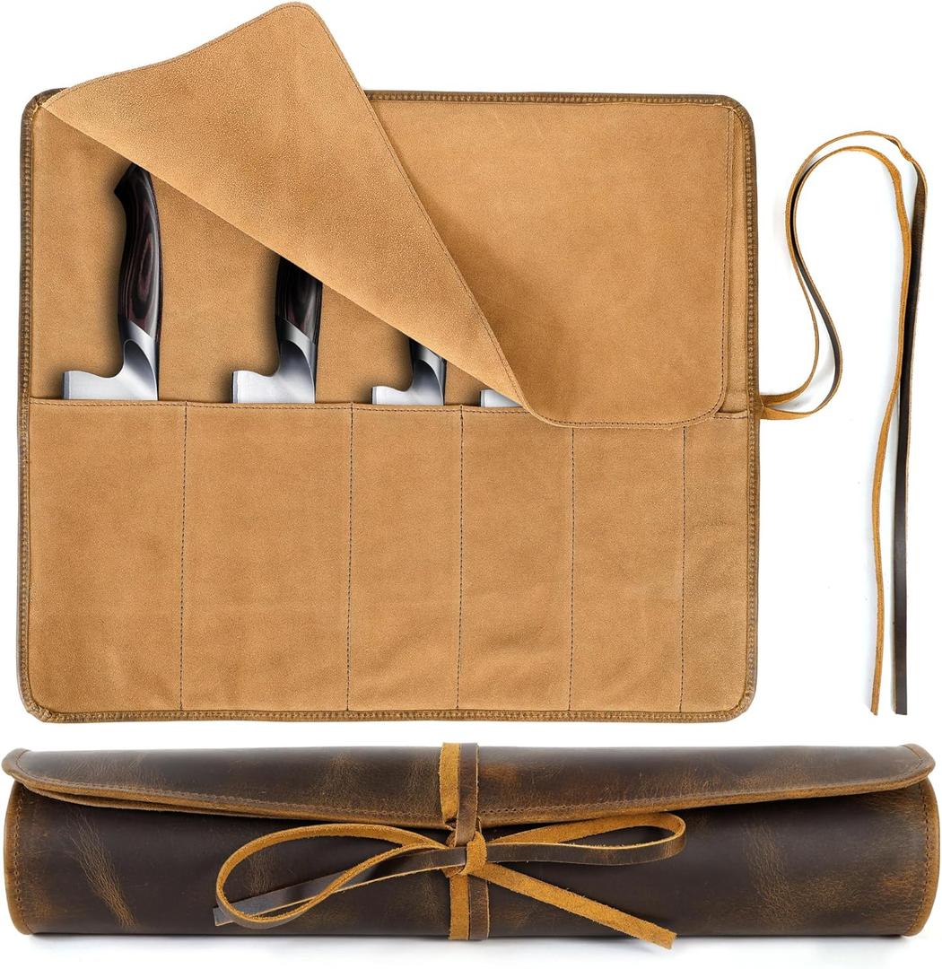 ELIZO Leather Knife Roll Bag Professional Chef Knife Case, Durable Sheath Holder, Cooks & Culinary Tools Carrying Storage, Portable Wrap - 6 Slots