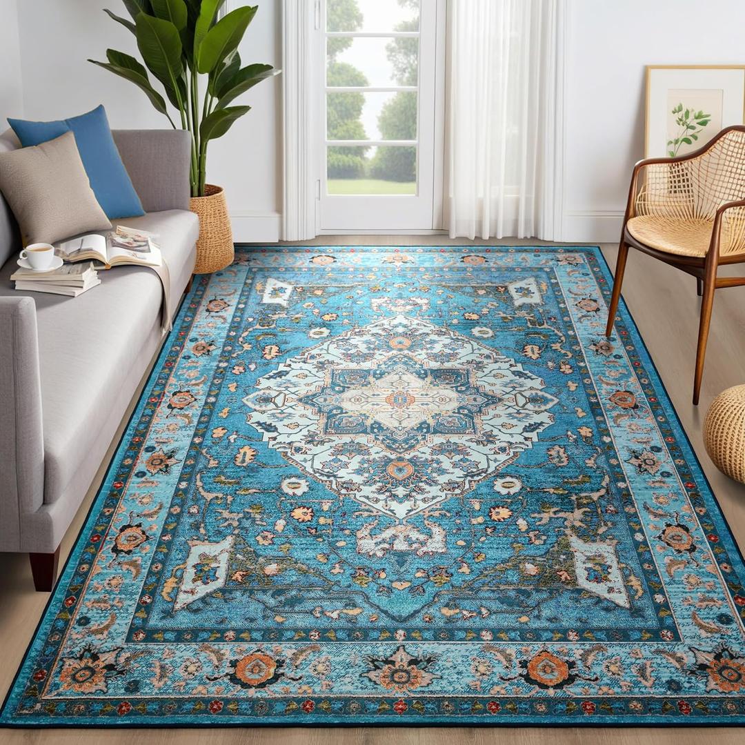 YJ.GWL Area Rug for Living Room, 4x6 Machine Washable Boho Rug for Bedroom, Low Pile Lightweight Thin Rugs Floral Vintage Distress Print Pattern Carpet for Dining Room, Blue/Multi