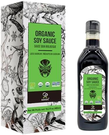 2 Pack Soeos Organic Low Sodium Soy Sauce 16.2oz (480ml), USDA Organic, Naturally Brewed Soy Sauce, Soy Sauce Organic, Dark Soy Sauce, Pure Ingredients, Marinade for Meat & Vegetables., Black, BBD: JUNE 2028
