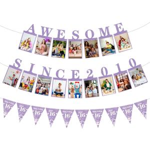 Awesome Since 2010 Photo Banner - Pre Strung Purple Glitter Sweet 16th Birthday Decorations with Banner Pennant for Girls, Happy 16th Party Supplies for Birthday Anniversary