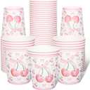 FYSUIMU 100 Pcs Pink Bow Cherry Paper Cups Coquette Bowknot The Cherry on Top Disposable Cups 9 oz Party Drinkware for Hot Cold Drinks Holiday Bachelorette Baby Shower Cherries Birthday Decorations