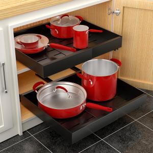 Sorbus Pull-Out Sliding Storage Rack for Kitchen & Bathroom, No-Drill Adjustable Shelf with Durable Metal, Non-Slip Grid Drawers, Waterproof Space Saver (Black 2 Pack)