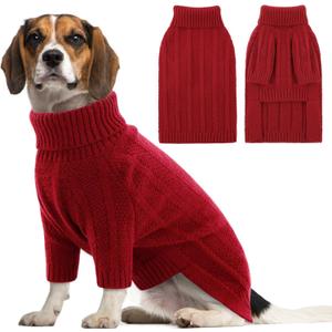 Queenmore Large Dog Sweater - Turtleneck Pullover for Large Dogs, Xmas & Thanksgiving - Knitted Dog Sweater for French Bulldog (Red, L)