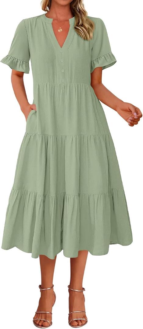 BTFBM Summer Dresses for Women 2025 Vacation V Neck Loose Short Sleeve A Line Tiered Flowy Casual Midi Beach Dress(Grey Green, Small)