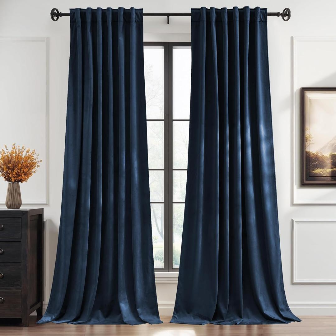 StangH Navy Blue Velvet Curtains 84 Inch Length, Blackout Drapes for Home Theater, Soundproof Noise Reducing Window Treatment for Day Sleepers with Back Tab & Hook Belt, W52 x L84, 2 Panels