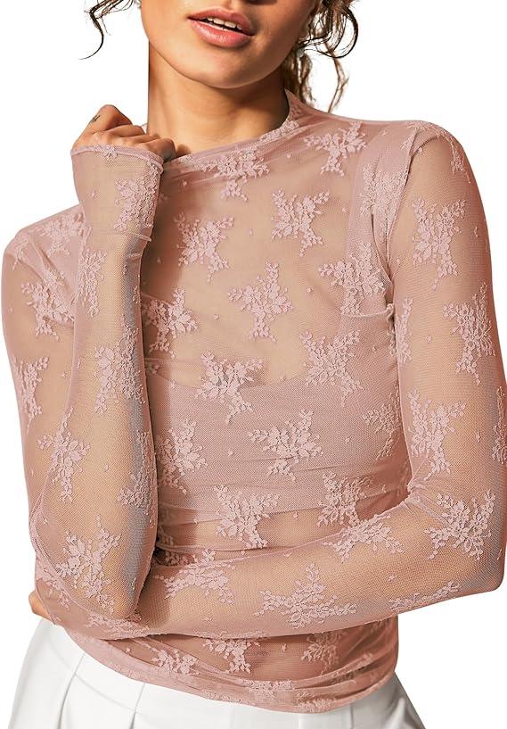 Womens Mesh Long Sleeve Top Sheer Blouse Sexy See Through Tee Shirt Lace Tops, L