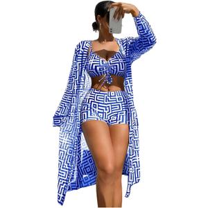 WDIRARA Women's 3 Pieces Bikini Set Geo Print Bathing Suit Drawstring Swimsuit with Cover Ups Kimono, Large, Blue and White