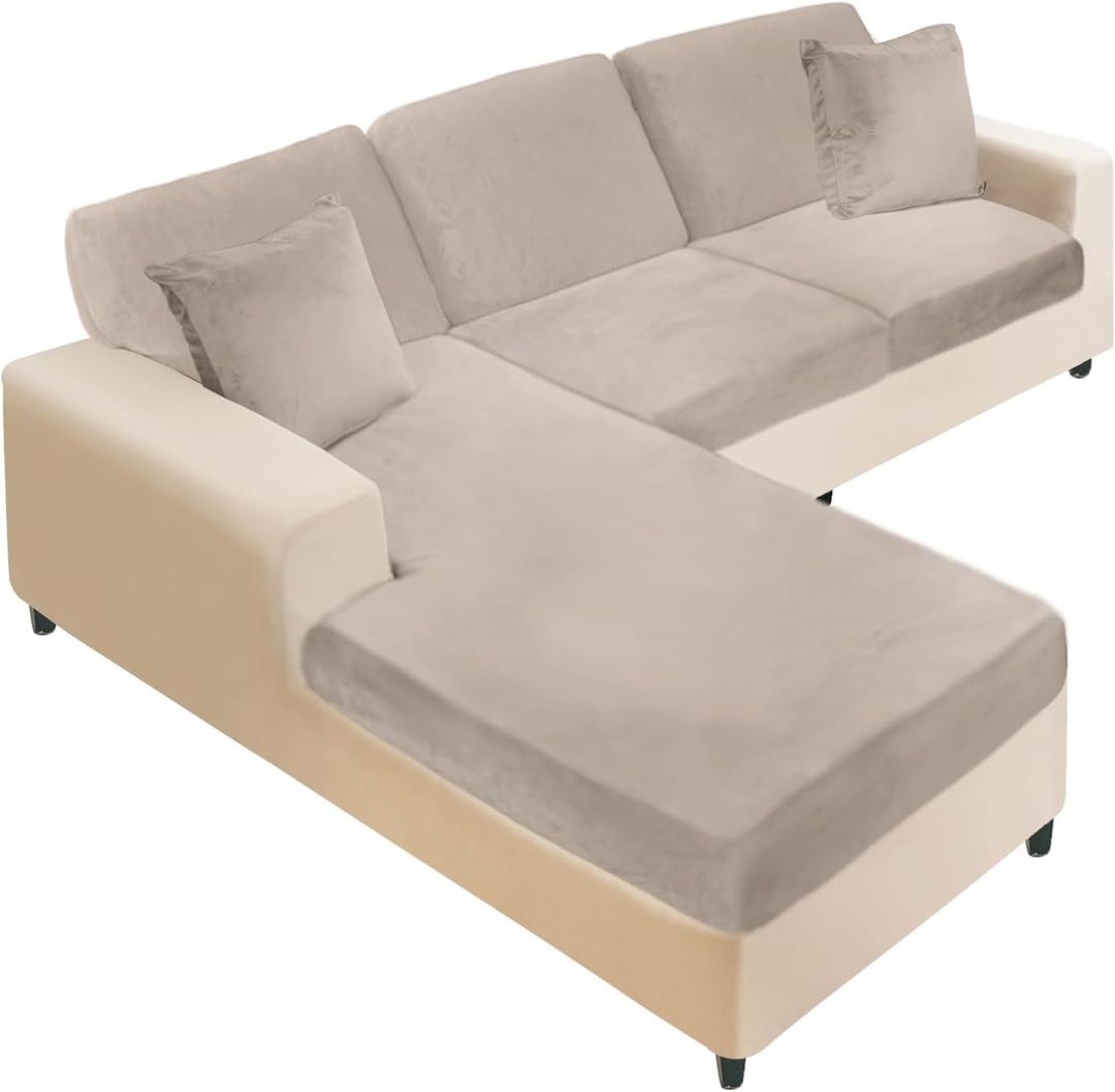 NAISI Sectional Couch Covers 6 Pieces Velvet Couch Cushion Covers L Shape Soft Stretch Sofa Slipcovers with 2pcs Pillowcases for Left/Right Chaise Sectional Couch(2 Seater+1 Chaise+3 Back,Taupe)