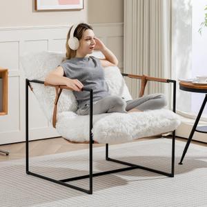 Accent Chair, Fluffy Living Room Chair Arm Chair Big Sitting Area Cross Legged Armchair with Foam Cushioning, Reading Chair, Bedroom Chair,Metal Frame, Armpad (White)