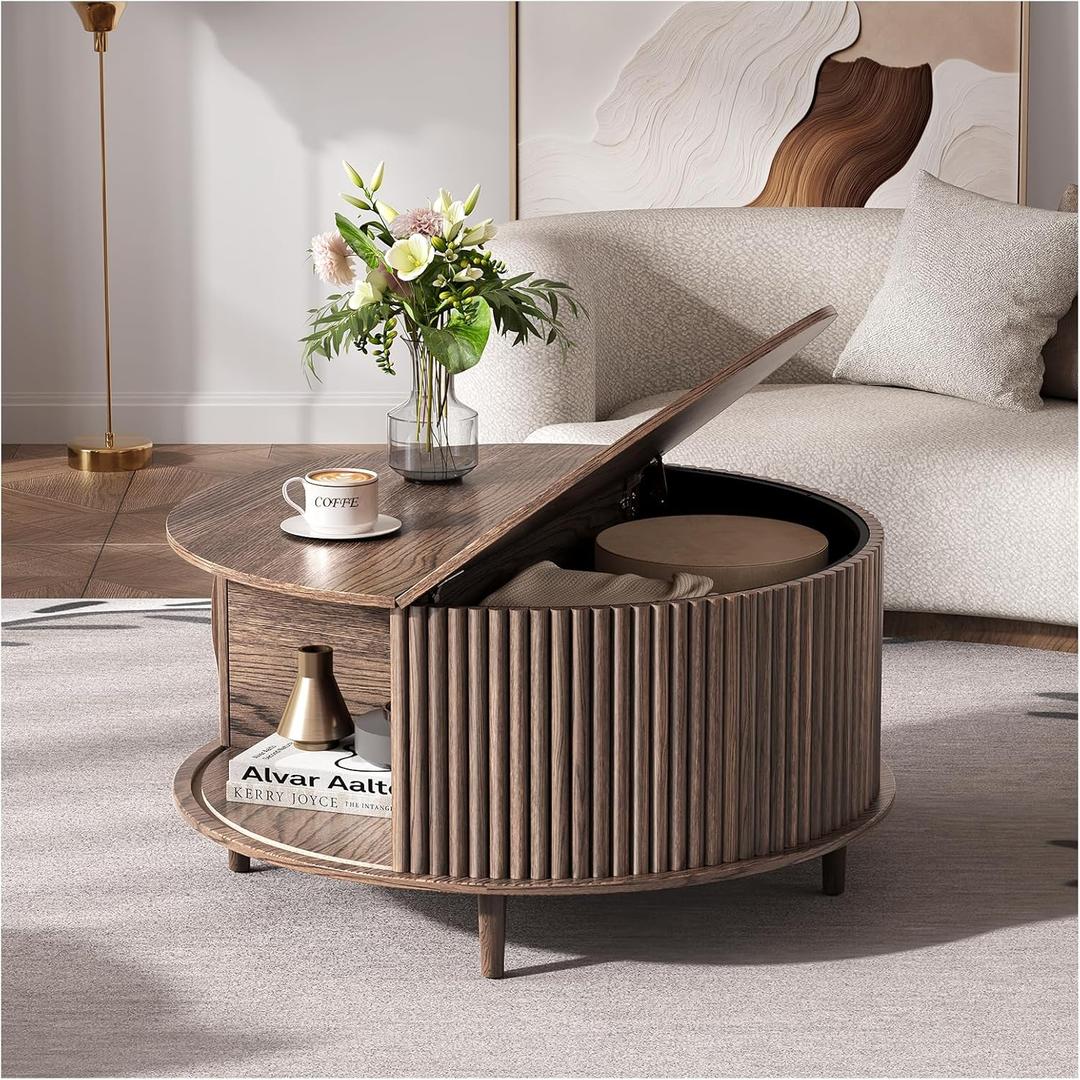 31.5" Round Coffee Table with Storage, Mid Century Modern Coffee Table with Shelf & Sliding Door,Small Dining Table Fluted Center Table for Living Room,Walnut